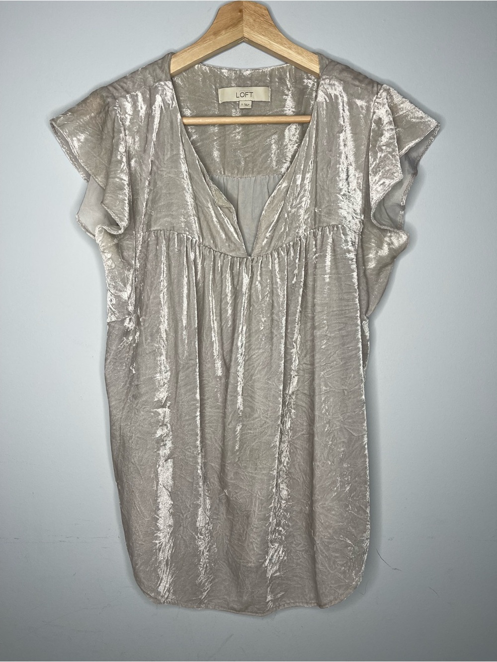 LOFT Crushed Velvet Flutter Sleeve Blouse Silver Gray Split V-Neck (Small)